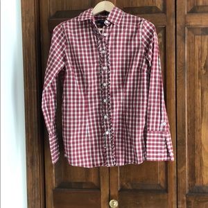 Lands End Red Plaid Ruffle Button down shirt